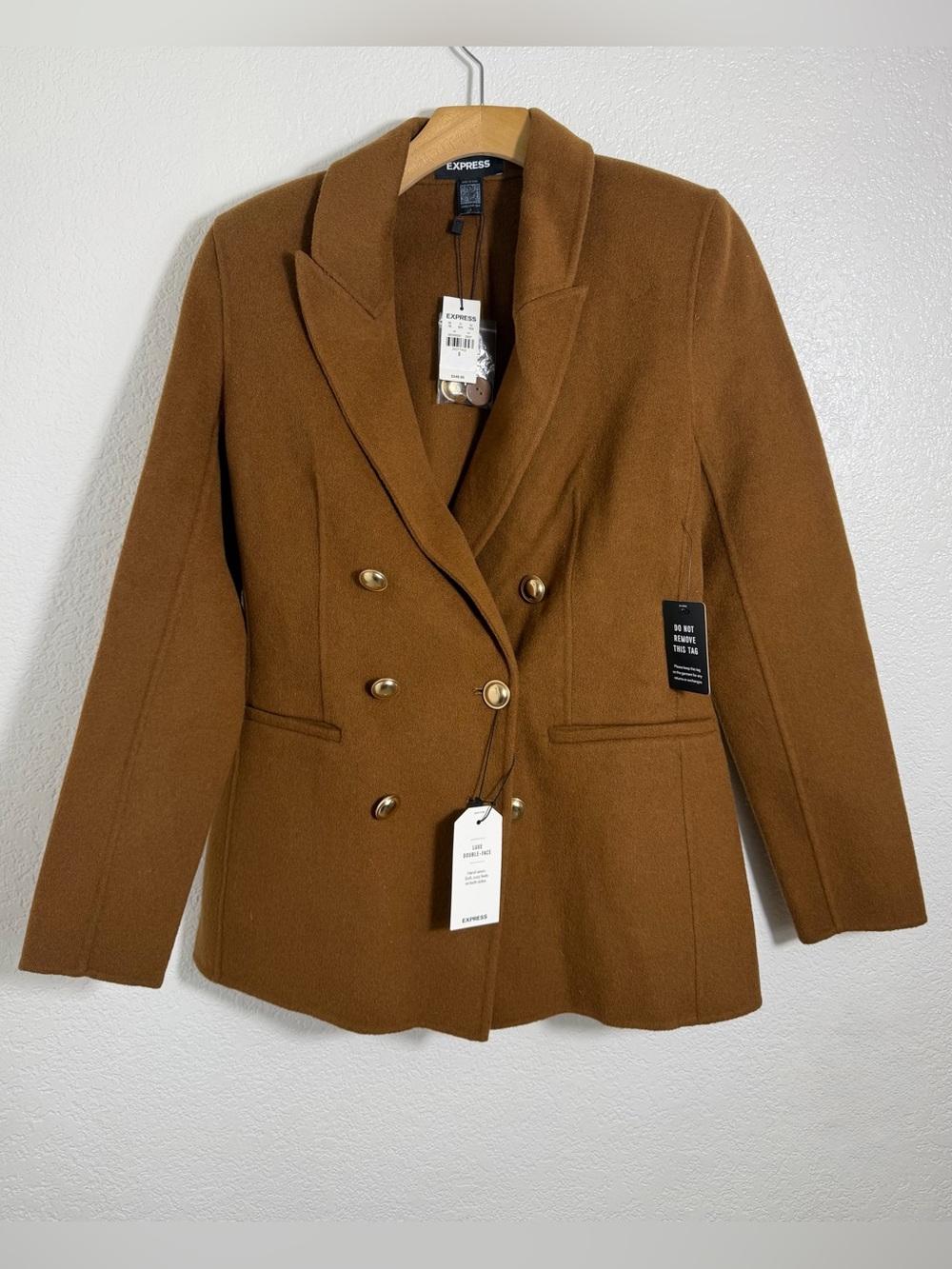 Express Women Camel Double Breasted Wool Blend Blazer Jacket Size Small